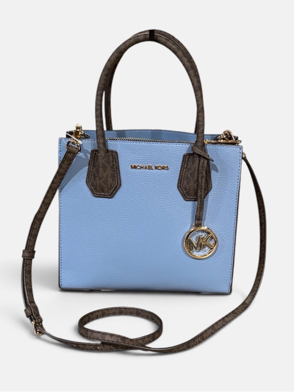💙 Michael Kors Mercer X-Small Messenger Satchel Chambray Blue & Brown Signature